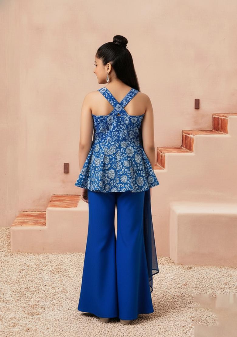Girls Blue Chinon Floral Printed Short Kurta With Sharara Set - Indya