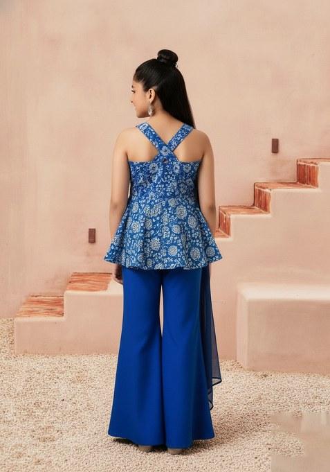 Girls Blue Chinon Floral Printed Short Kurta With Sharara Set
