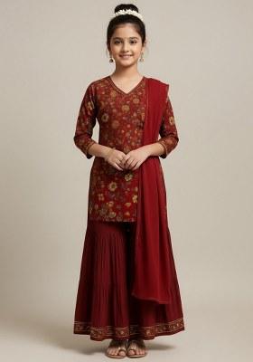 Girls Maroon Chiffon Floral Printed Sharara Set
