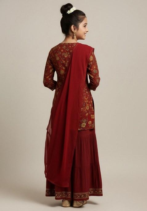 Girls Maroon Chiffon Floral Printed Sharara Set
