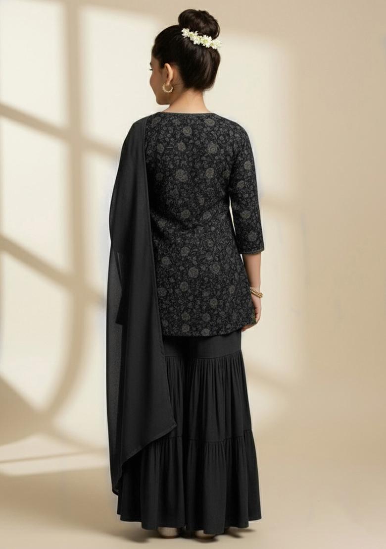 Girls Black Chiffon Floral Printed Sharara Set - Indya