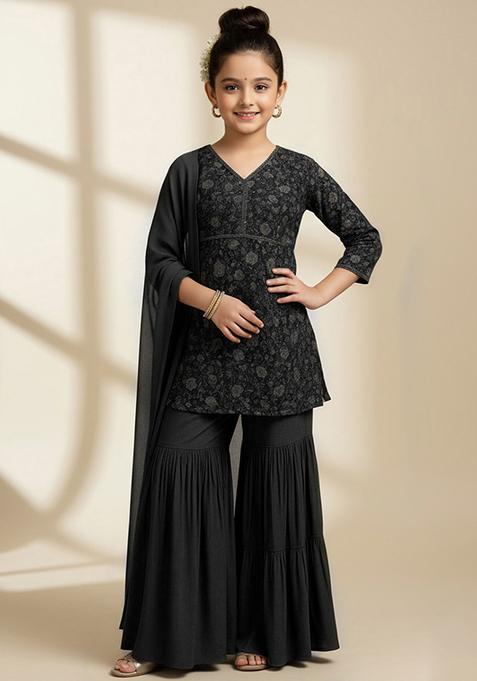 Girls Green Chiffon Floral Printed Sharara Set