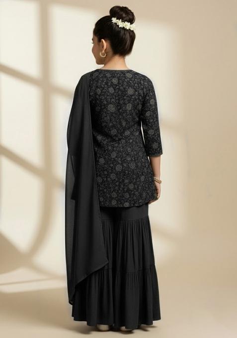 Girls Green Chiffon Floral Printed Sharara Set