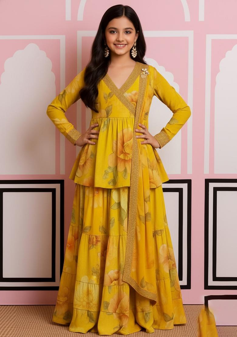 Girls Yellow Chiffon Floral Printed Fusion Set