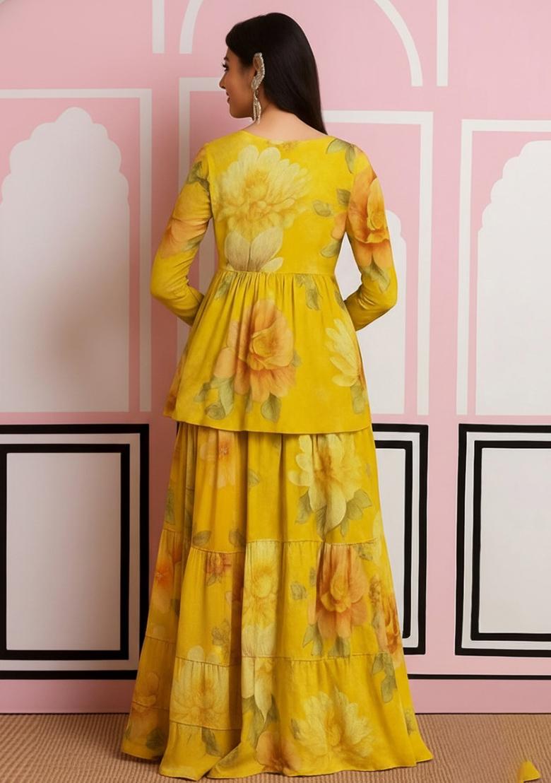 Girls Yellow Chiffon Floral Printed Fusion Set - Indya