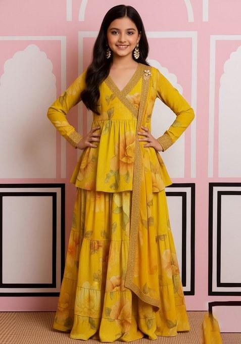 Girls Yellow Chiffon Floral Printed Fusion Set