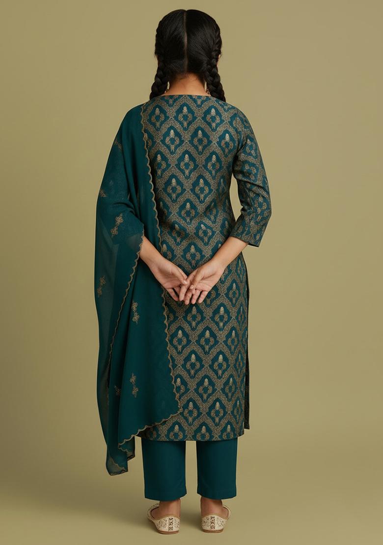 Girls Teal Blue Brocade Kurta Set - Indya