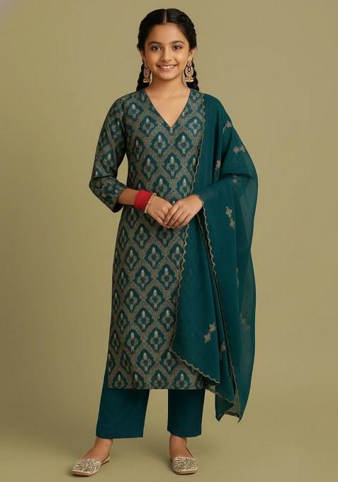 Girls Teal Blue Brocade Kurta Set