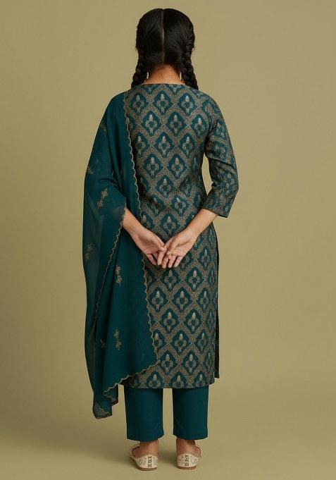 Girls Teal Blue Brocade Kurta Set