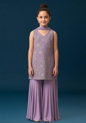 Girls Purple Georgette Embroidered Kurta Set