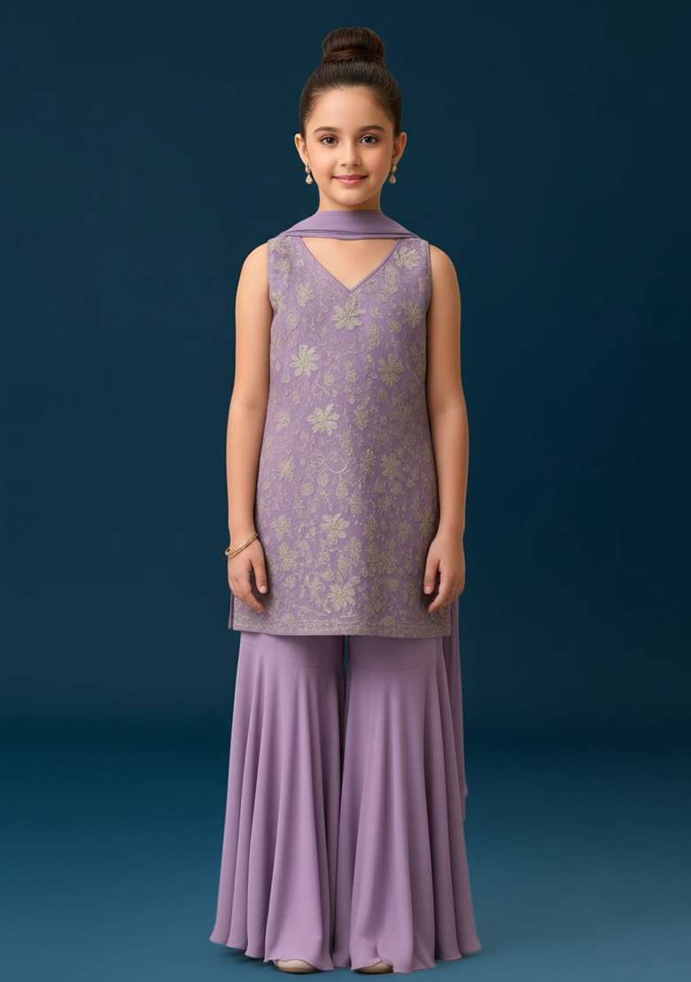 Girls Purple Georgette Embroidered Kurta Set - Indya
