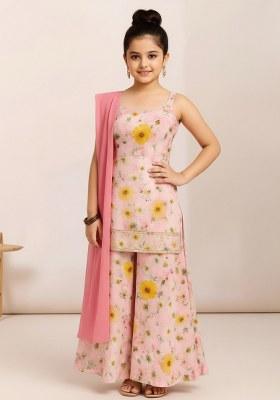 Girls Pink Satin Floral Printed Kurta Set
