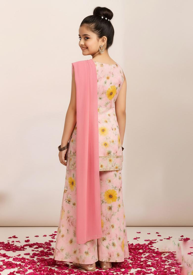 Girls Pink Satin Floral Printed Kurta Set - Indya