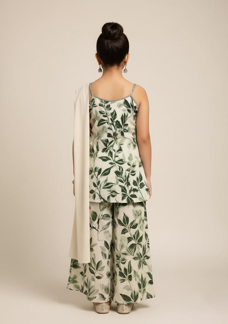 Girls Green Satin Floral Printed Kurta Set - Indya