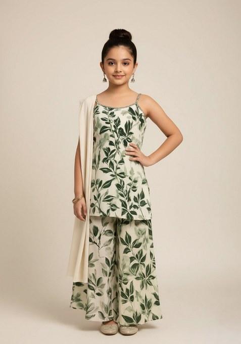 Girls Green Satin Floral Printed Kurta Set