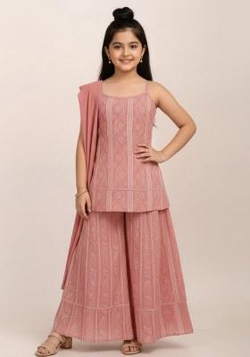 Girls Pink Satin Floral Printed Kurta Set