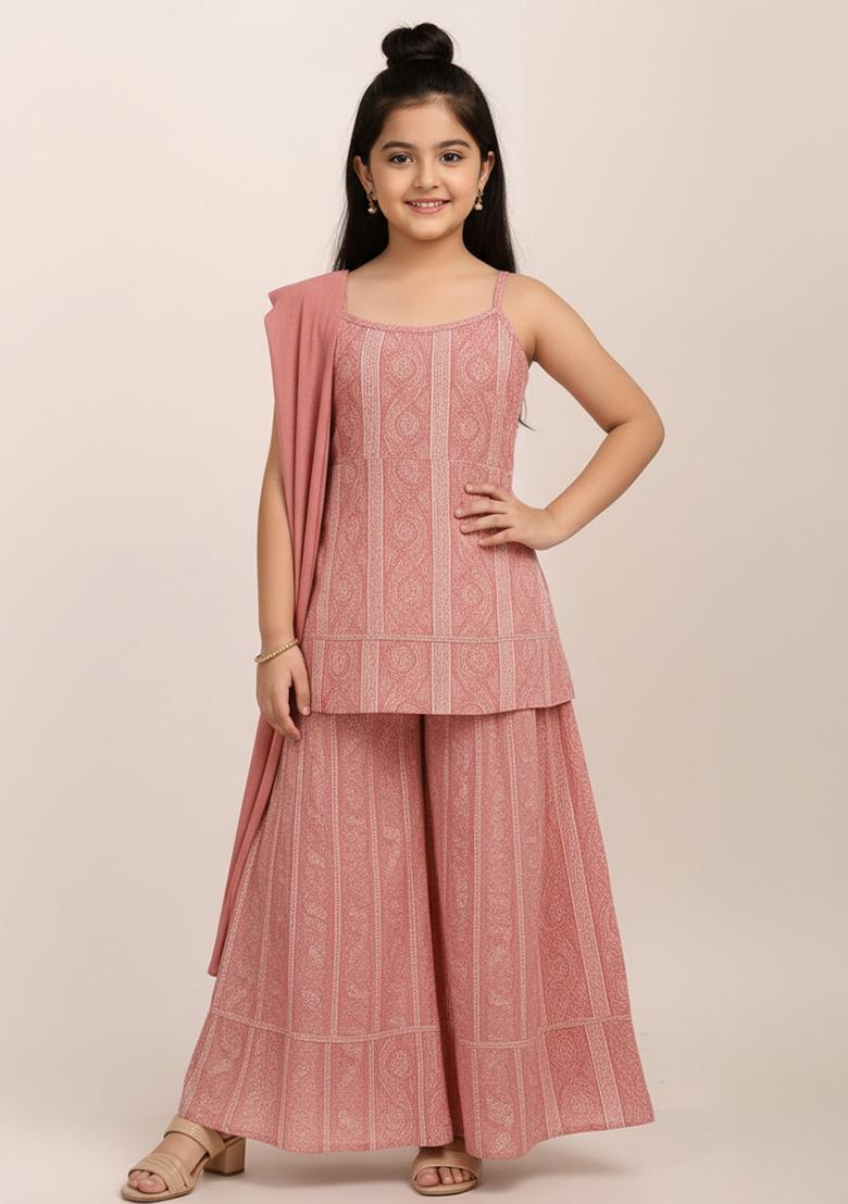Girls Pink Satin Floral Printed Kurta Set