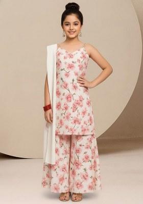 Girls White Satin Floral Printed Kurta Set