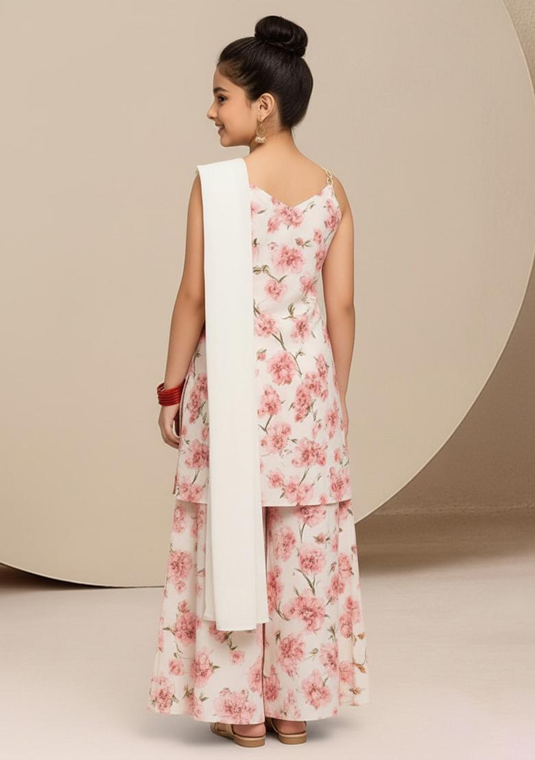 Girls White Satin Floral Printed Kurta Set - Indya