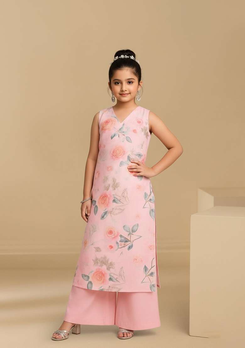 Girls Light Pink Chinon Floral Printed Kurta Set - Indya