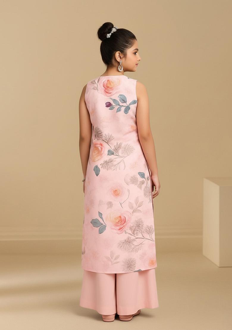 Girls Light Pink Chinon Floral Printed Kurta Set - Indya