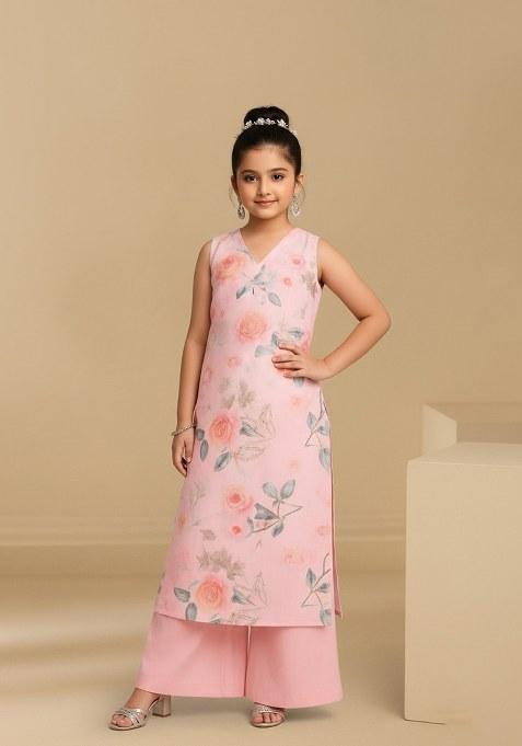 Girls Light Pink Chinon Floral Printed Kurta Set