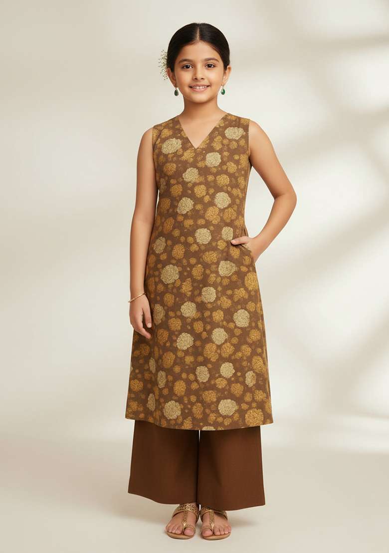 Girls Brown Satin Floral Printed Kurta Set - Indya