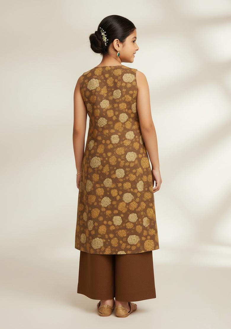 Girls Brown Satin Floral Printed Kurta Set - Indya