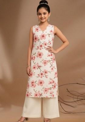 Girls White Satin Floral Printed Kurta Set