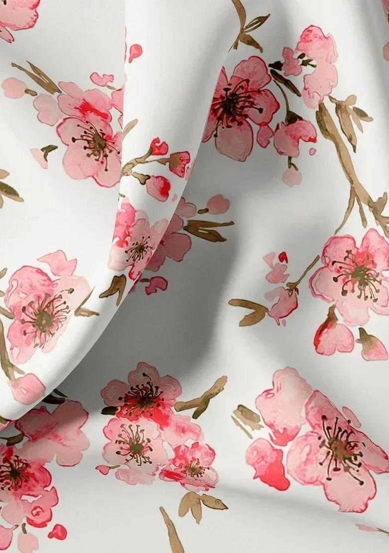 Girls White Satin Floral Printed Kurta Set