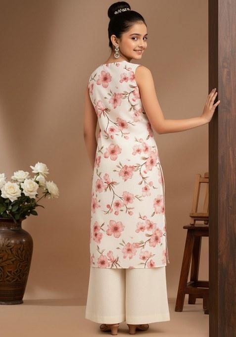 Girls White Satin Floral Printed Kurta Set