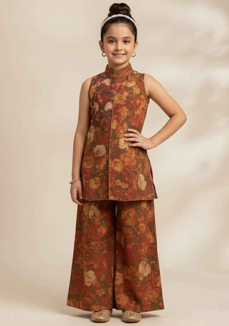 Girls Brown Crepe Floral Printed Fusion Set - Indya