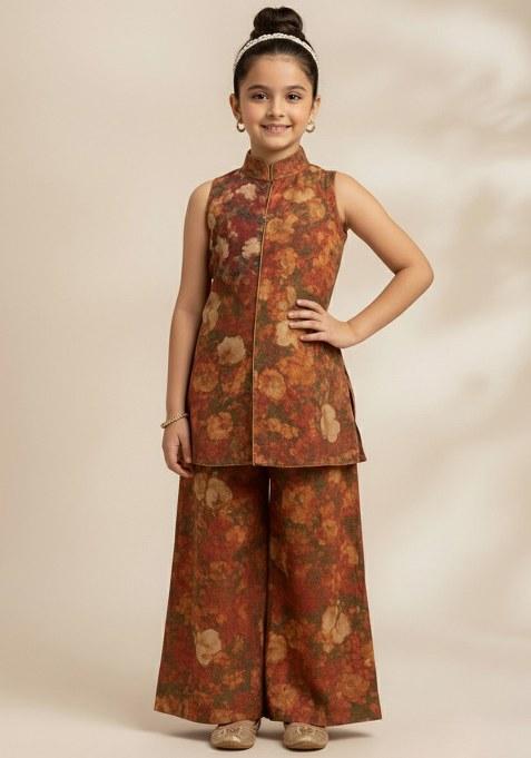 Girls Brown Crepe Floral Printed Fusion Set