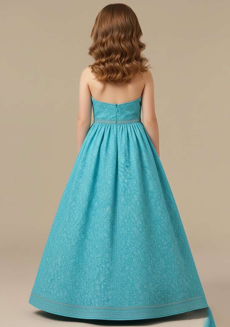 Girls Sky Blue Net Embroidered Gown - Indya