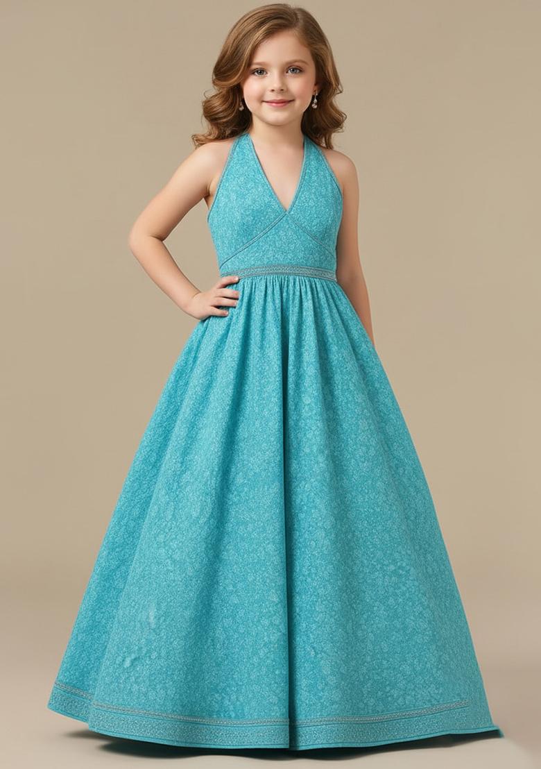 Girls Sky Blue Net Embroidered Gown - Indya