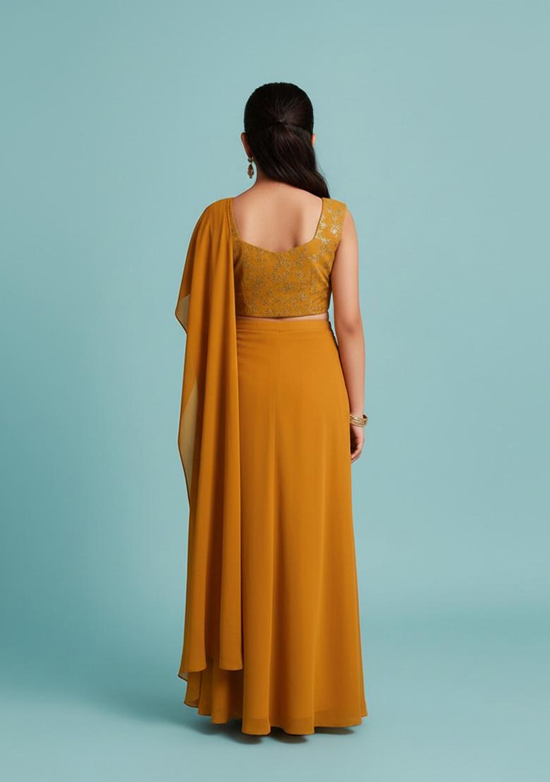 Girls Yellow Georgette Embroidered Fusion Set - Indya