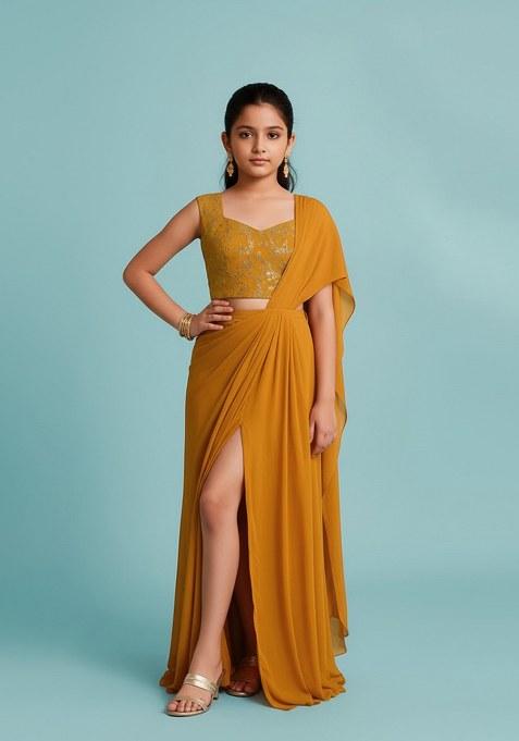 Girls Yellow Georgette Embroidered Fusion Set