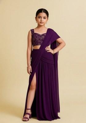 Girls Purple Georgette Embroidered Fusion Set