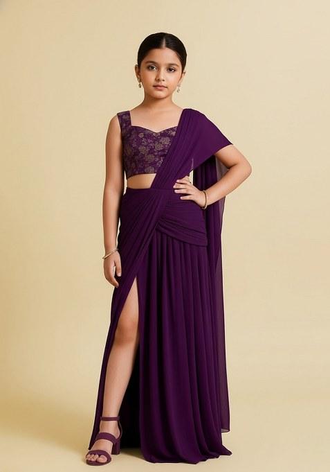 Girls Purple Georgette Embroidered Fusion Set