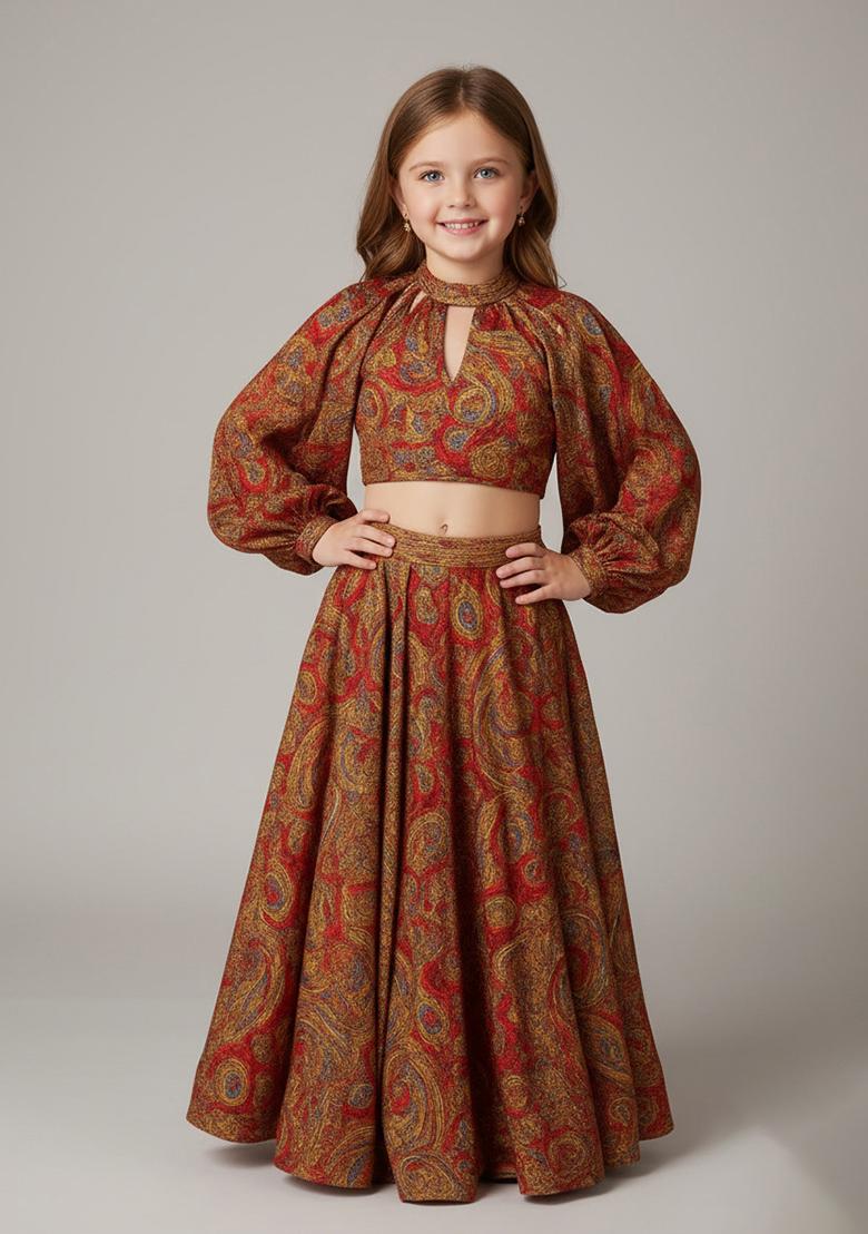 Girls Maroon Satin Paisley Printed Lehenga Set