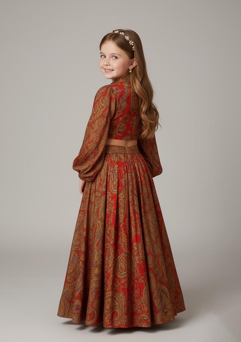 Girls Maroon Satin Paisley Printed Lehenga Set - Indya