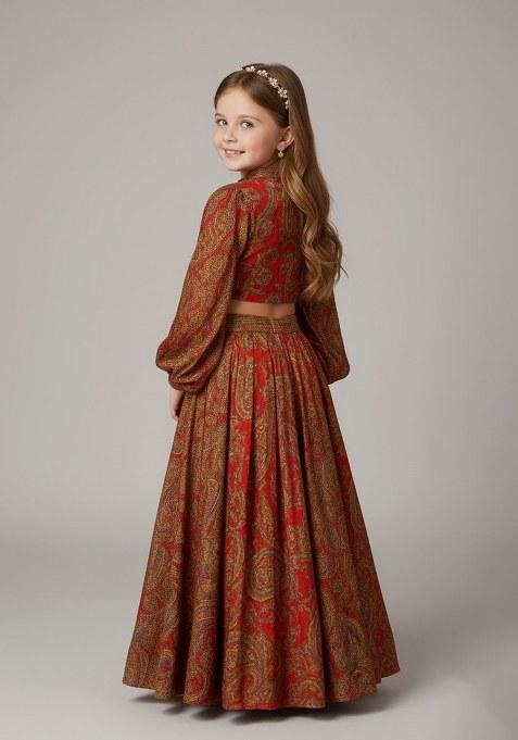 Girls Maroon Satin Paisley Printed Lehenga Set