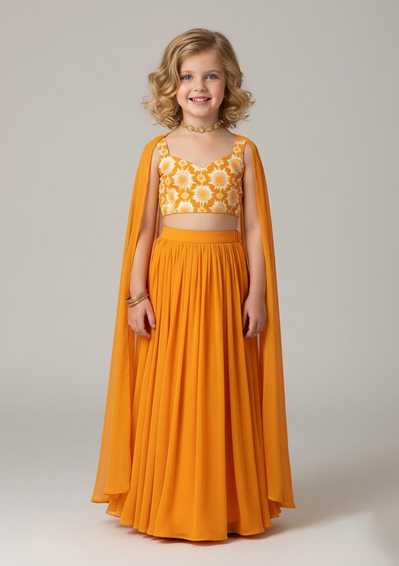 Girls Orange Chinon Floral Printed Blouse Lehenga Set