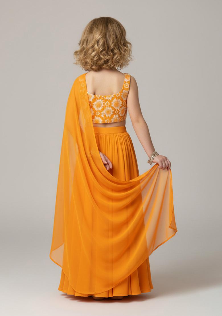 Girls Orange Chinon Floral Printed Blouse Lehenga Set - Indya