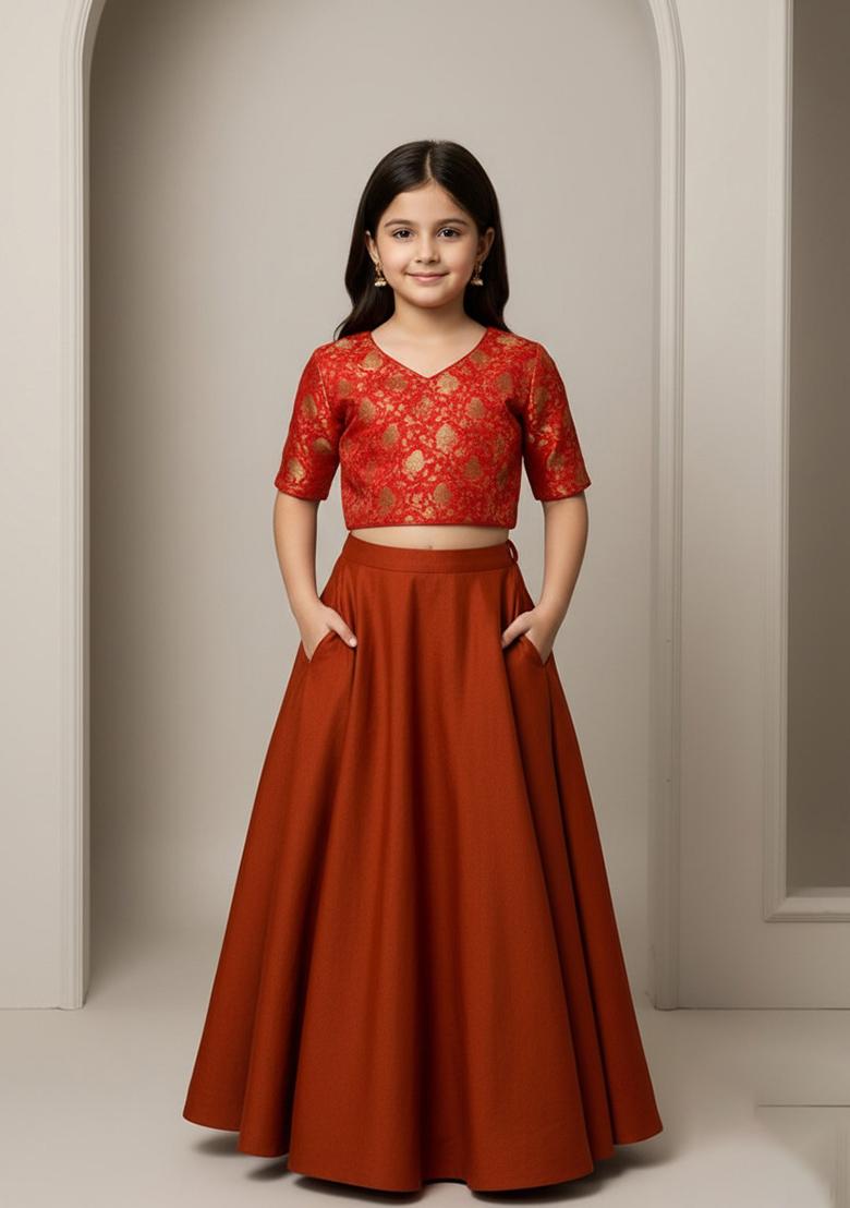 Girls Maroon Brocade Lehenga Set