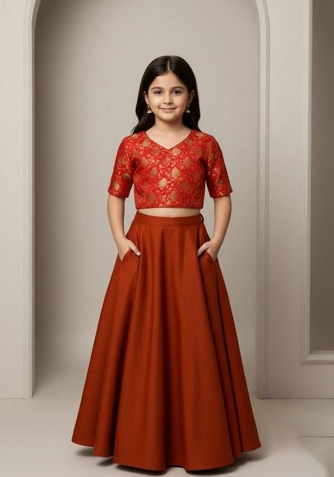 Girls Maroon Brocade Lehenga Set