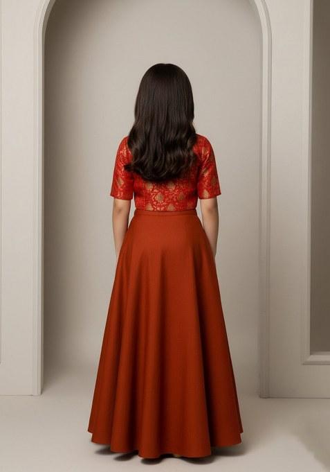 Girls Maroon Brocade Lehenga Set