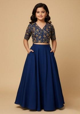 Girls Blue Brocade Lehenga Set