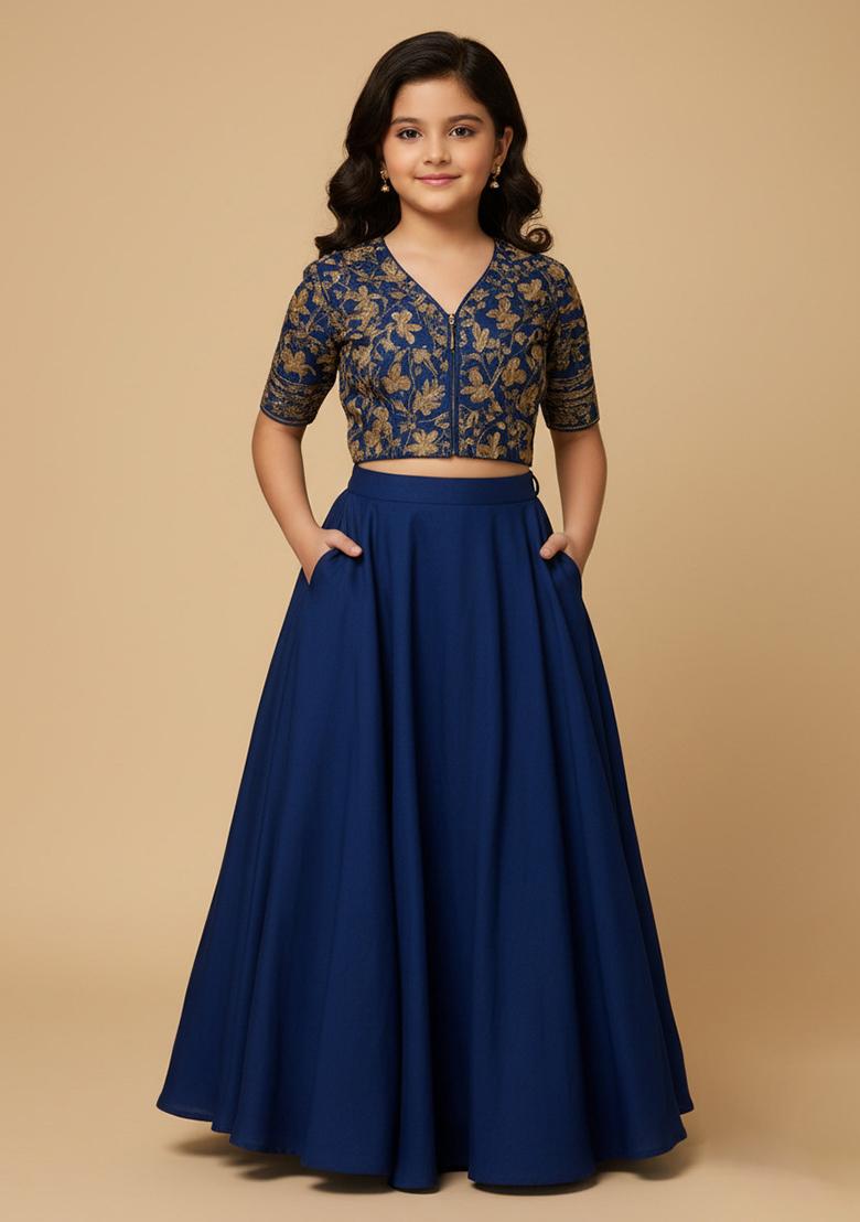 Girls Blue Brocade Lehenga Set