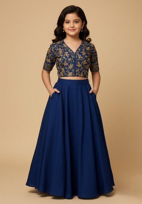 Girls Blue Brocade Lehenga Set